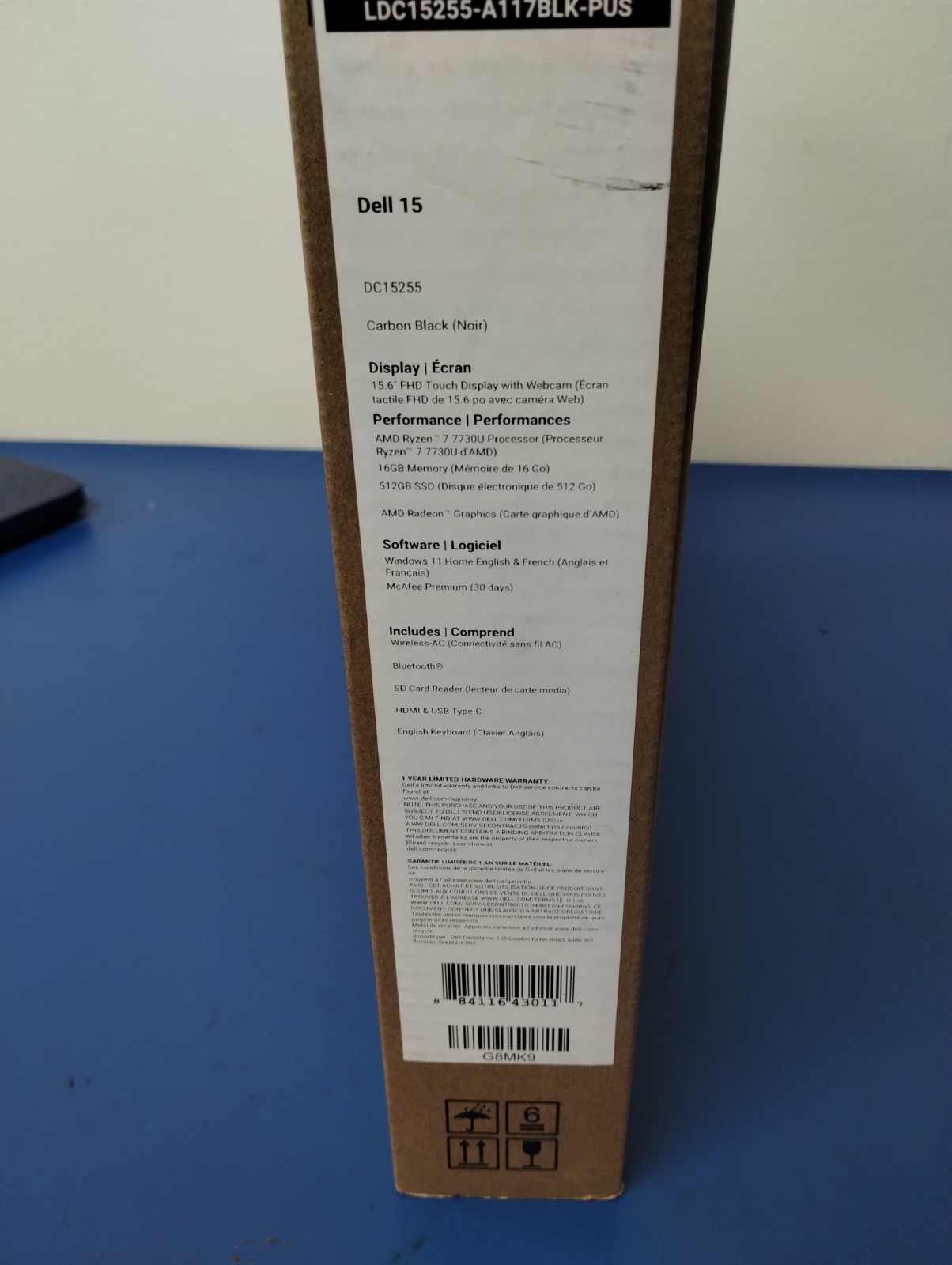 DELL 15 DC15255 G8MK9, AMD Ryzen 7 7730U, 2.00 GHz, 16 GB RAM 512 GB NVMe SSD