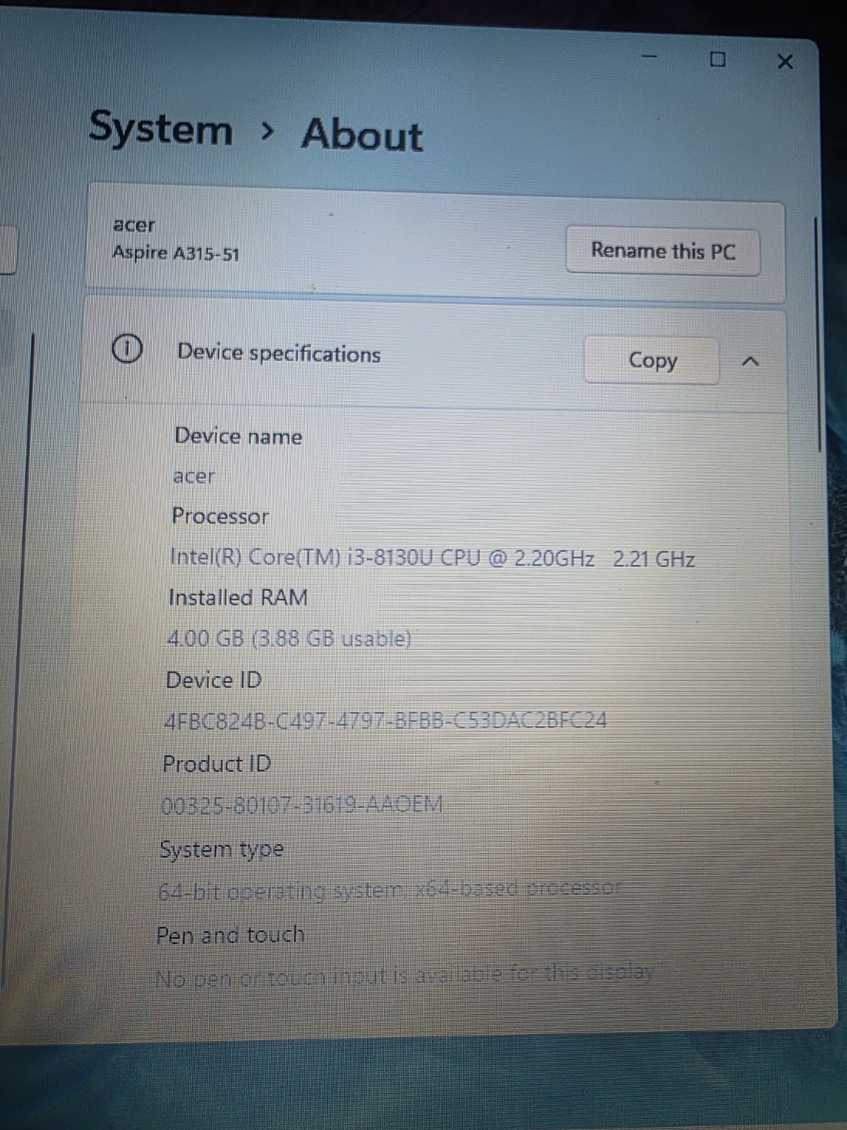 Acer Aspire A315-51 15.6″ FHD i3-8130U 4GB RAM 1TB HDD Windows 11 Black