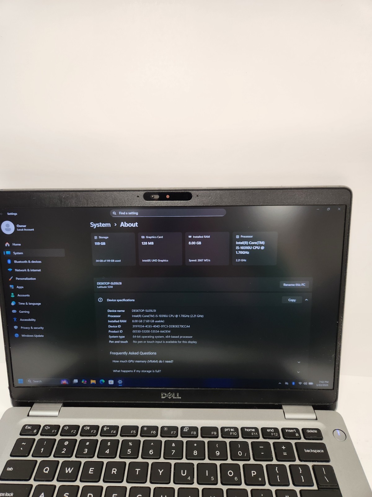 Dell Latitude 5310 Core i5-10310U, 8GB RAM, 128GB NVME Win11 PRO *READ #0339