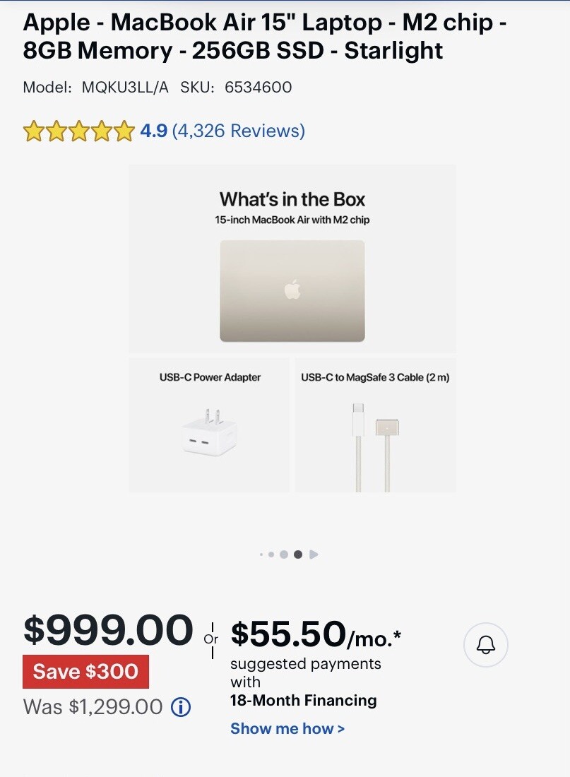 Apple – MacBook Air 15″ Laptop – M2 chip – 8GB Memory – 256GB SSD – Starlight