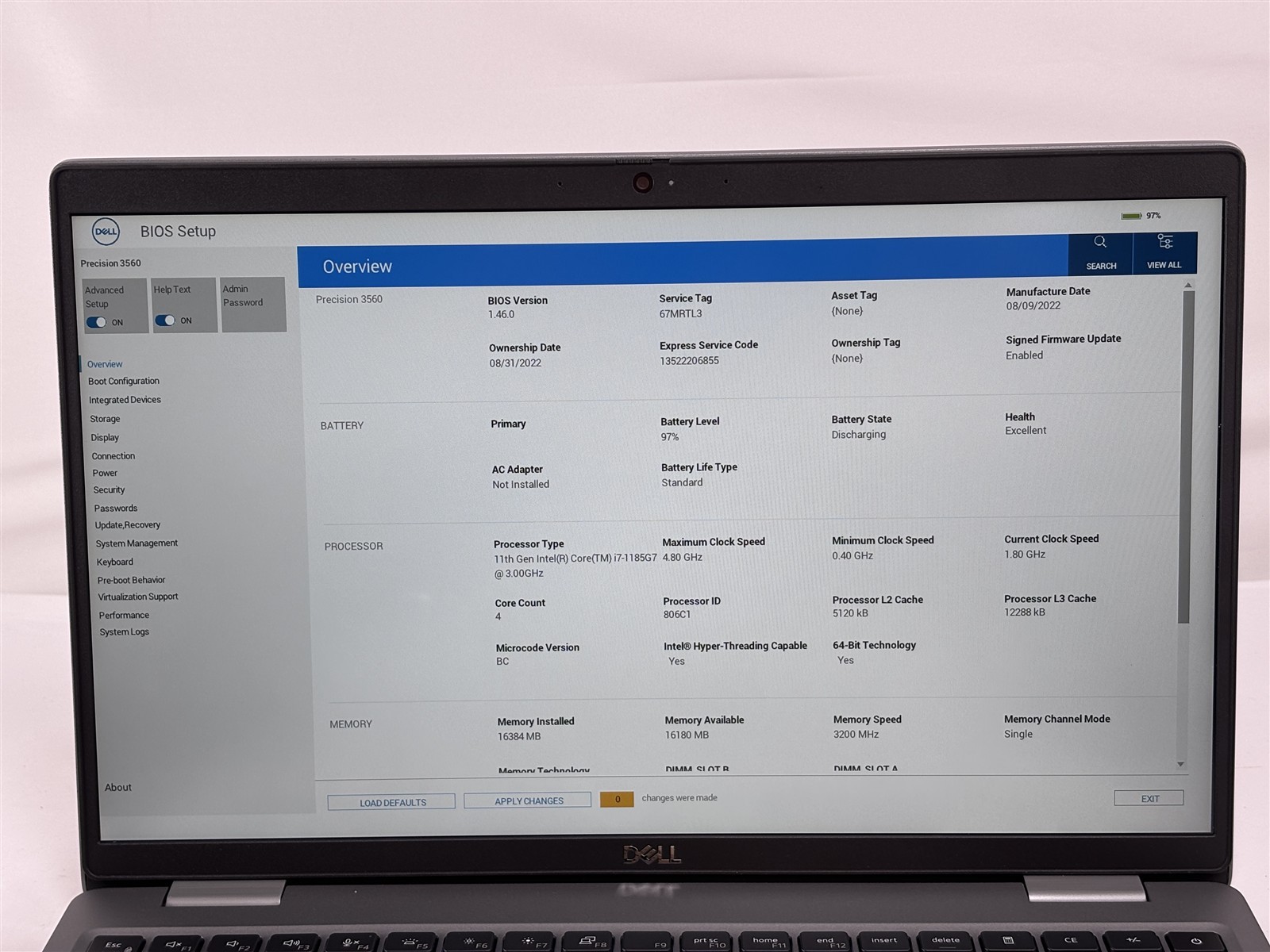 Dell Precision 3560 15.6″ 16GB 256GB SSD Core i7-1185G7 NVIDIA Quadro T500