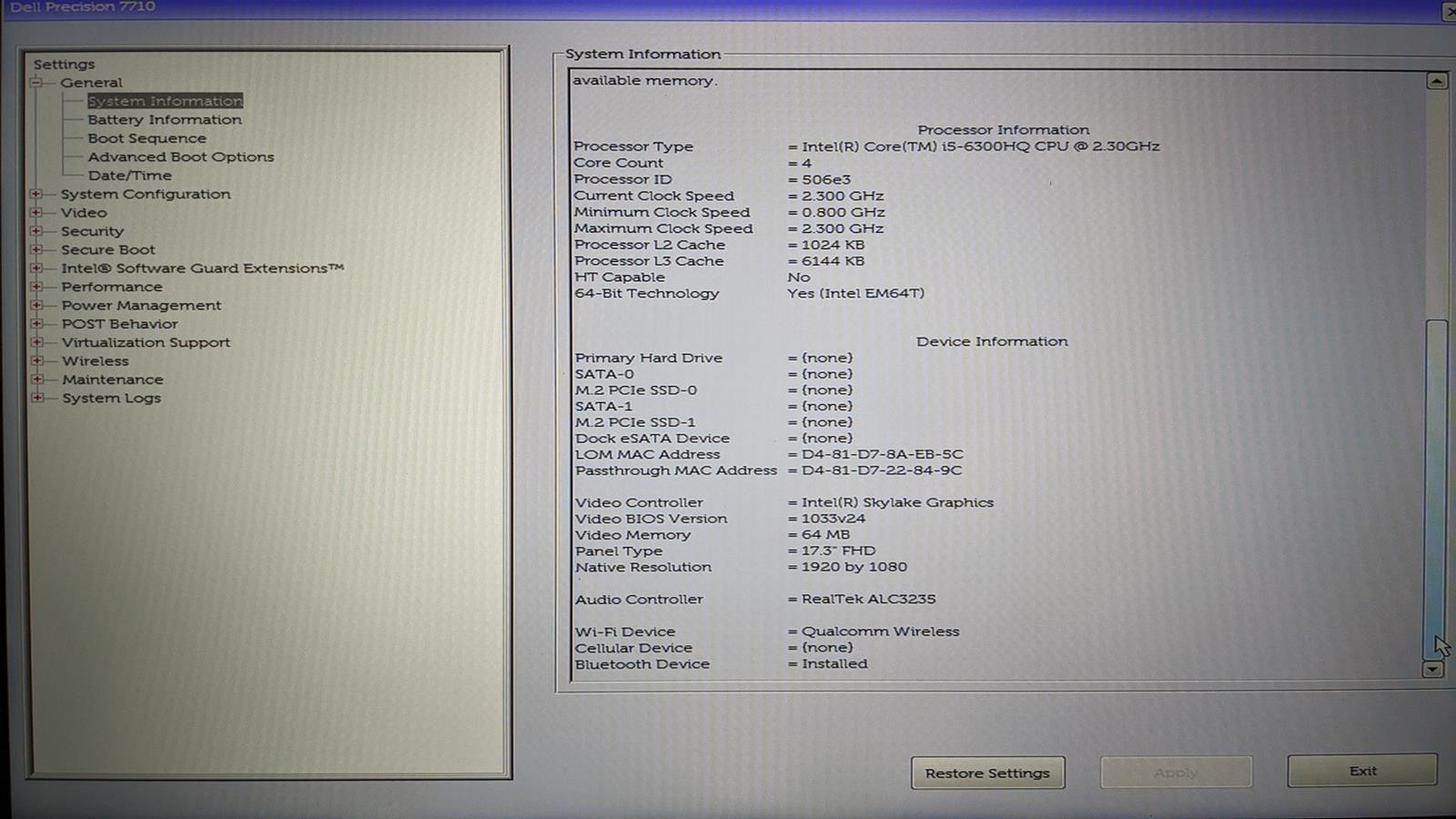 DELL PRECISION 7710 i5-6300HQ @ 2.30GHz, 8GB RAM, NO HDD/OS