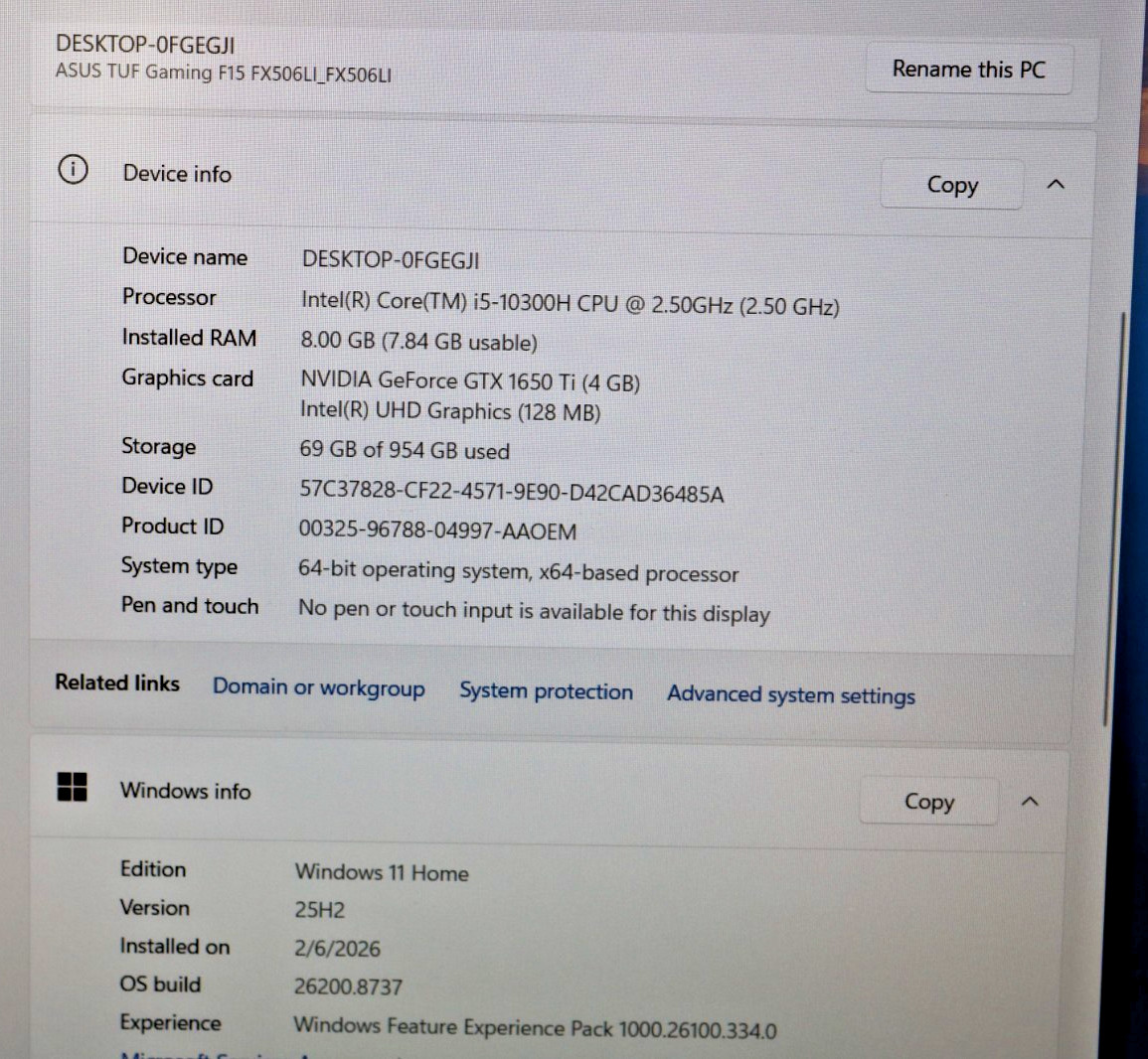 Asus TUF F15 FX506LI 15.6″ i5-10300H 2.5GHz 8GB RAM 1TB SSD GeForce GTX 1650