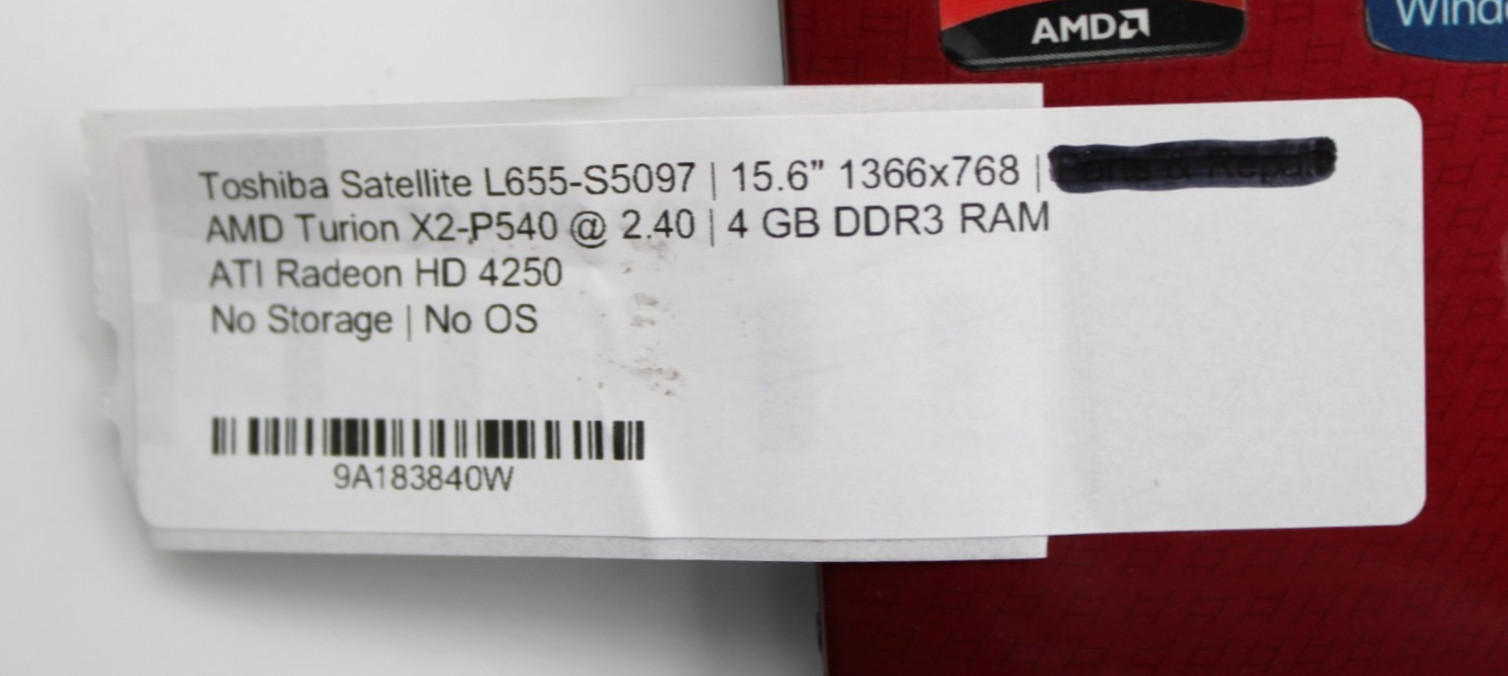 Toshiba Satellite L655 AMD Turion X2@2.4GHz 4GB DDR3 NO STORAGE/OS*USED/TESTED*