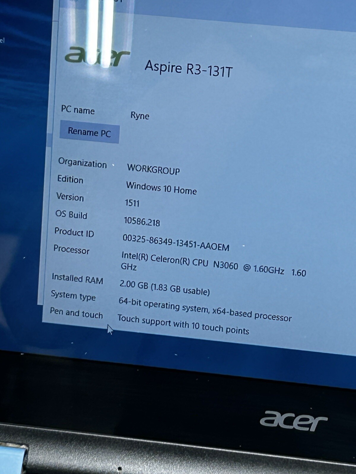 Acer Aspire R3-131T 25GB HDD 4GB RAM Celeron N3160 Win 10Home 465211