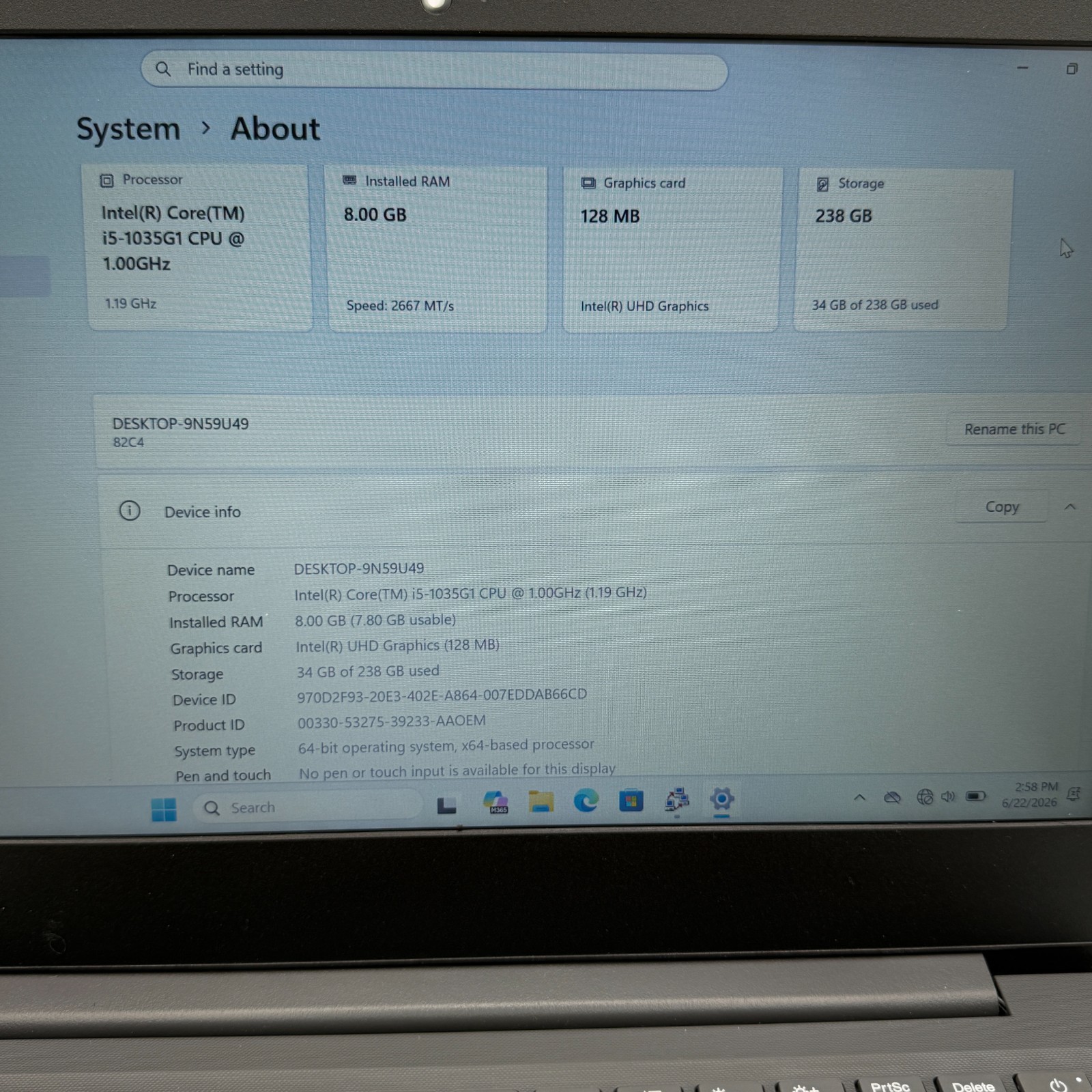 Lenovo V14-IIL 14″ i5-1035G1 8GB RAM 256GB SSD Win 11 Pro Laptop Battery 94%