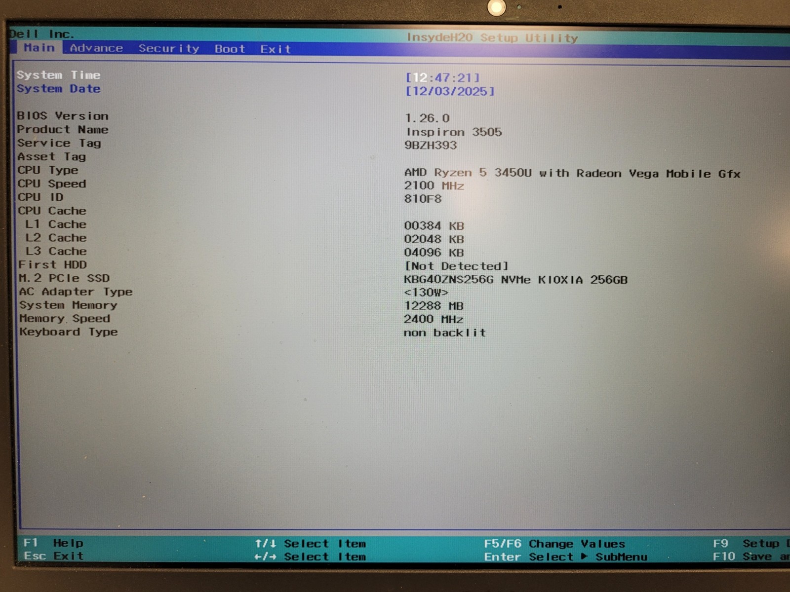 Dell inspiron 3505 15.6″rayzen5 3450u 2100mhz 12gb ram 256gb ssd charger 9BZH393