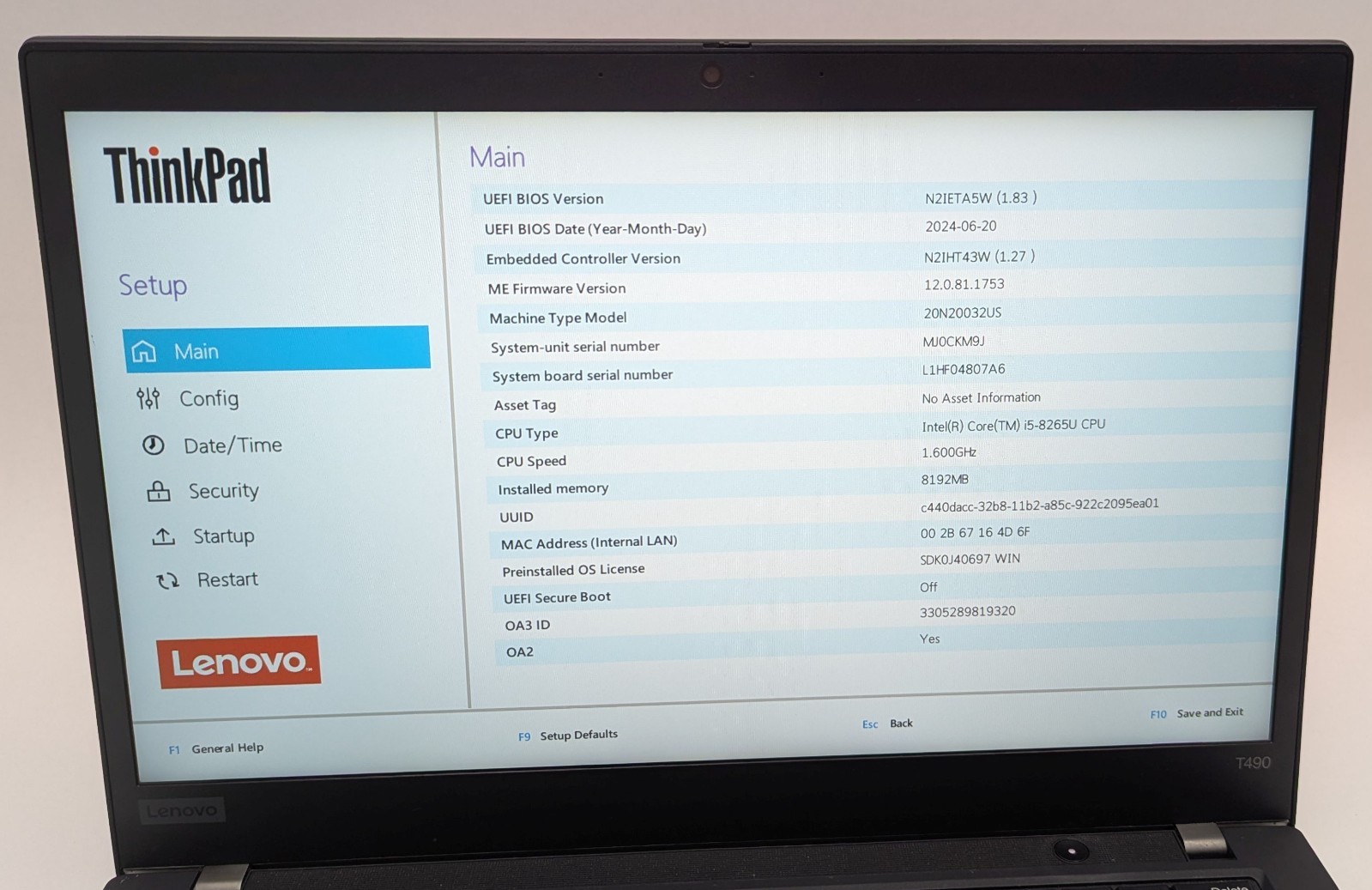 Lenovo ThinkPad T490 14″ Laptop i5-8265U 1.60GHz 8GB RAM 256GB NVMe Windows 11