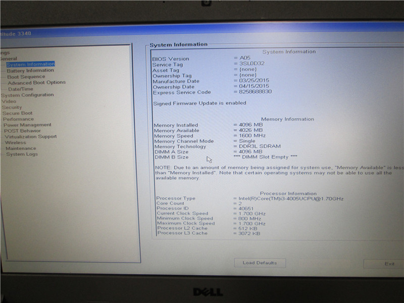 Dell Latitude 3340 Laptop i3-4005U 1.7GHz 4GB No HDD No Battery Win 7 Pro COA