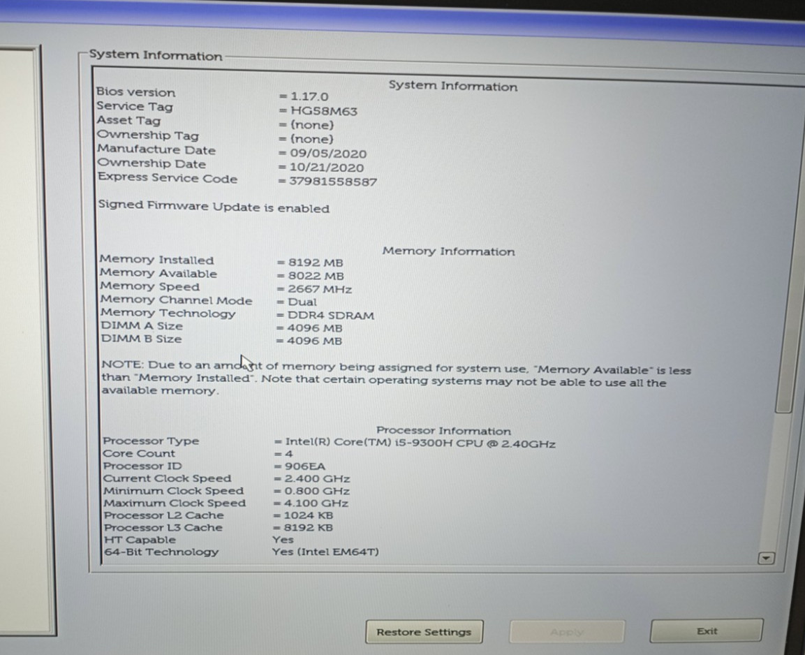 Dell XPS 15 7590 15.6″FHD i5-9300H@2.40GHz 8GB RAM 256GB NVMe Win11Pro MC481*!