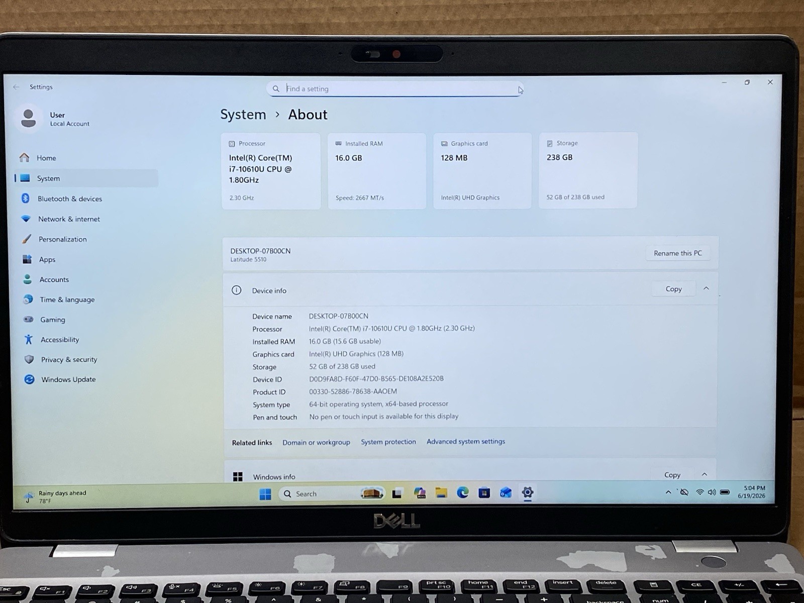 Dell Latitude 5510 15.6″ Core i7-10610U @ 1.80GHz 16GB RAM 256GB SSD Win 11 Pro.