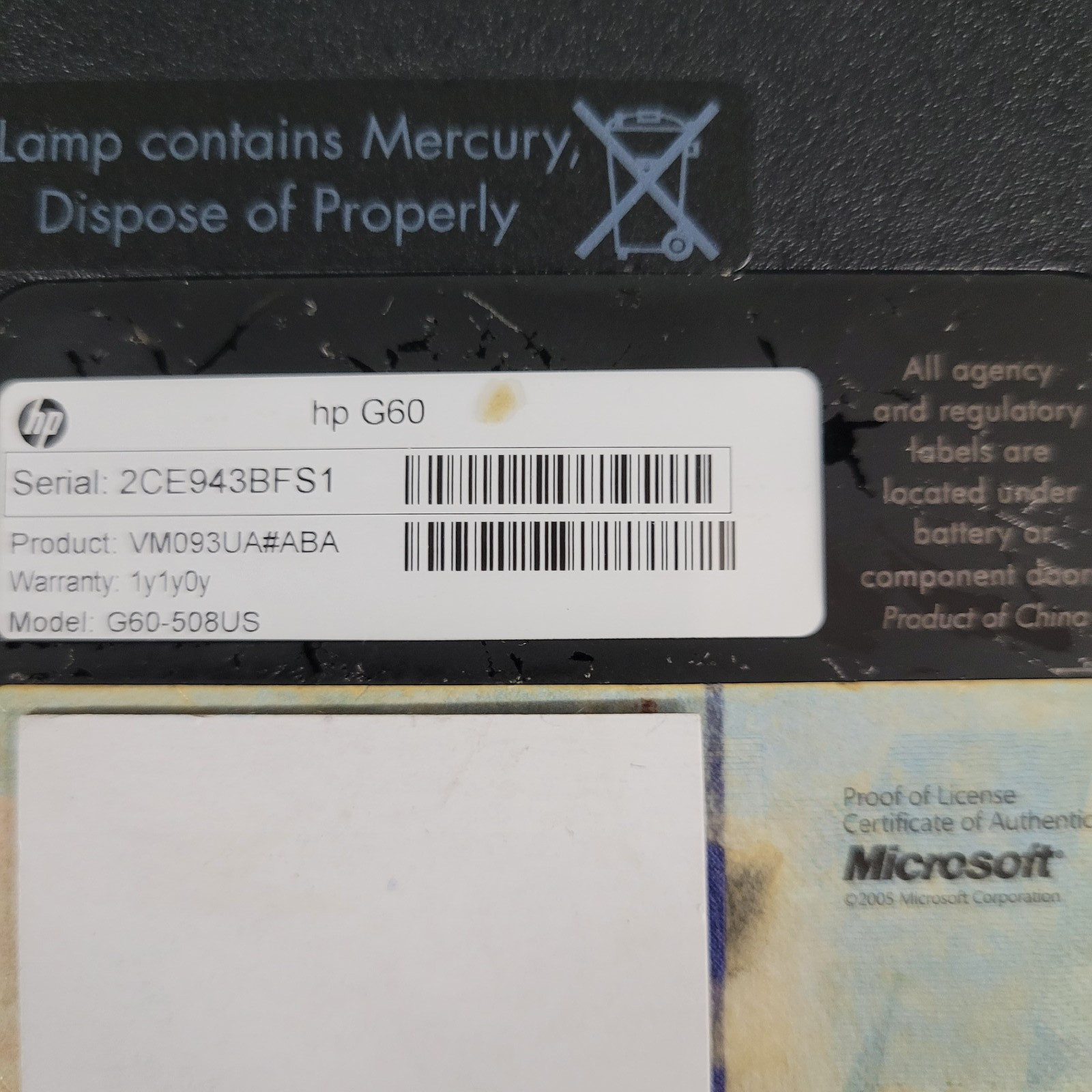 HP Pavilion G60-508us / Intel Celeron 900 / 3 GB RAM / NO HDD