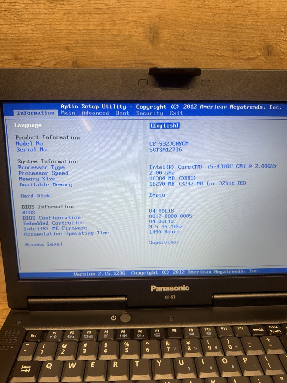 Panasonic Toughbook CF-53 MK4 I5-3rd Gen 16GB Ram No HD No Caddy No Charger