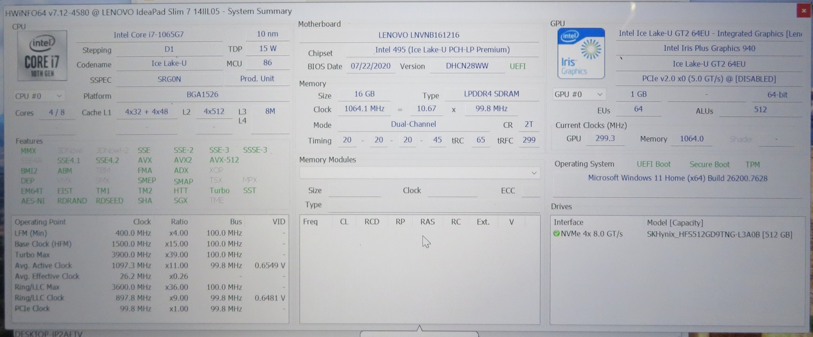 Lenovo IdeaPad Slim 7 i7 1065G7 1.30GHz 16GB RAM 512GB WIN11 NVIDIA MX 350