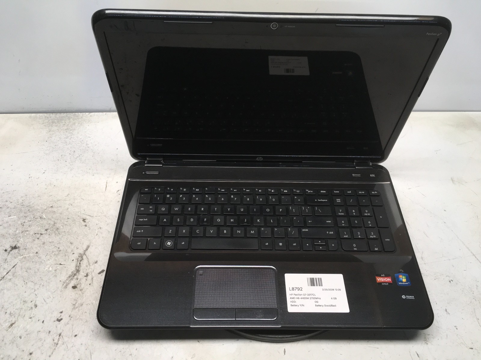 HP Pavilion G7-2017CL AMD A6-4400M 2700MHz 4 GB NO HDD No Batt