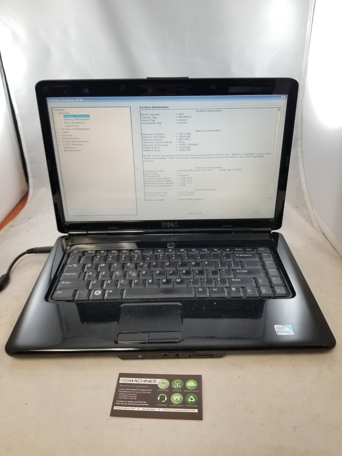 Dell Inspiron 1545 15.6″ Laptop Pentium Dual Core 2GHz 3GB 250GB HDD No OS
