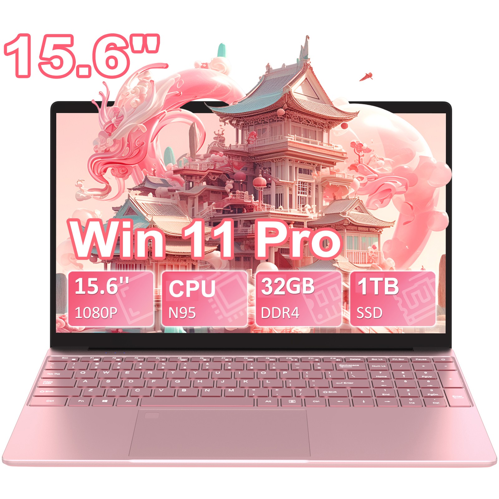 15.6″ FHD 1080P Laptop Celeron N95 32GB + 1TB SSD 8000mAh Battery Pink Notebook