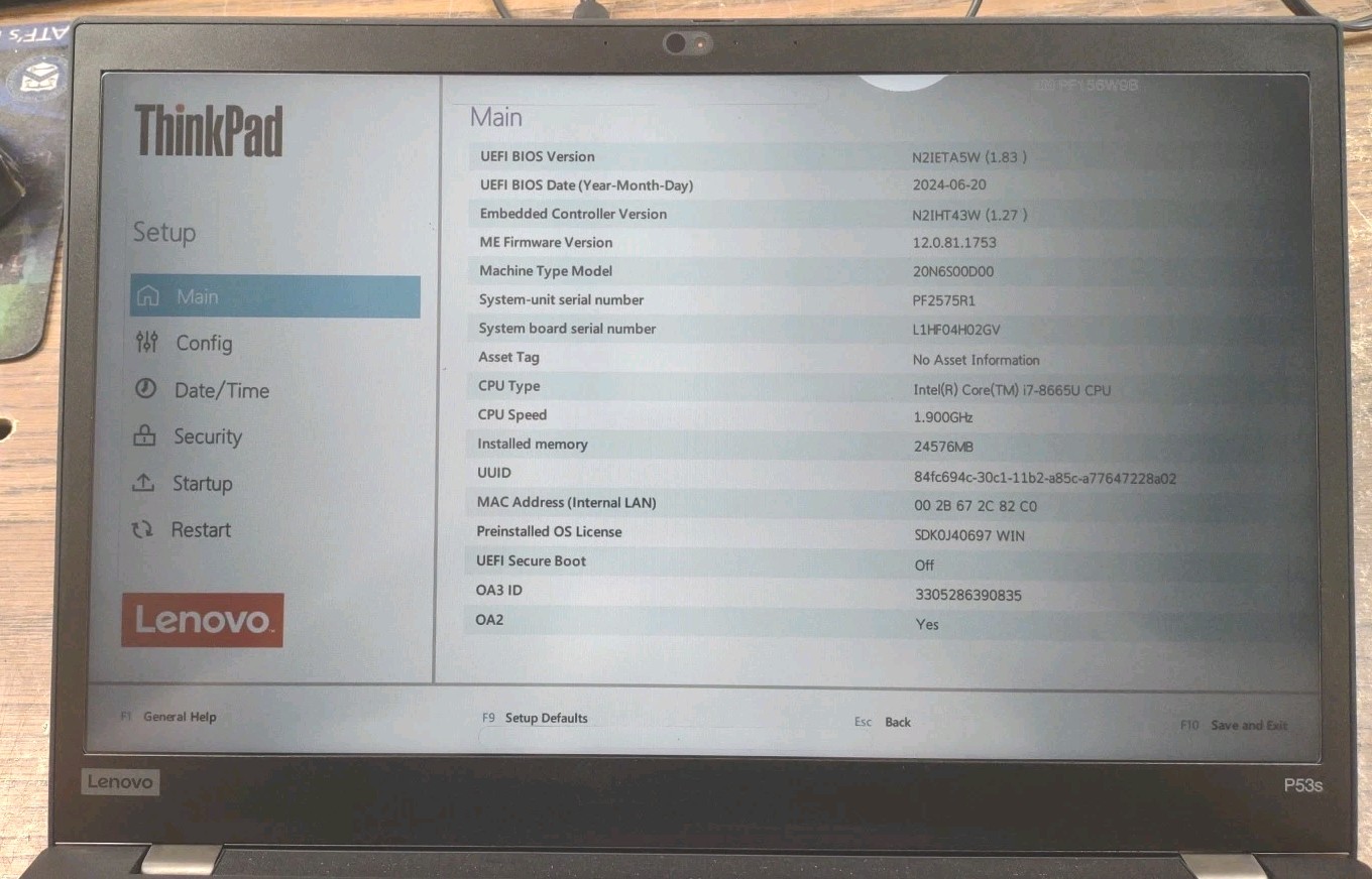Lenovo ThinkPad P53s W/ Intel i7-8665U, 24GB RAM, 256GB SSD.