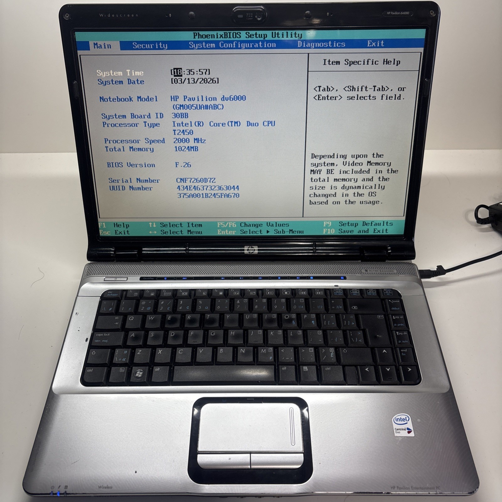 Hp Pavilion DV6000 Intel Centrino duo – 15.6″. No HDD. Boots to BIOS.