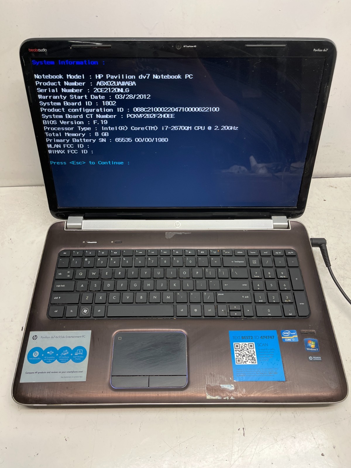 HP Pavilion dv7-6c95dx Intel Core i7-2670QM 2.20GHz 8GB NO HDD