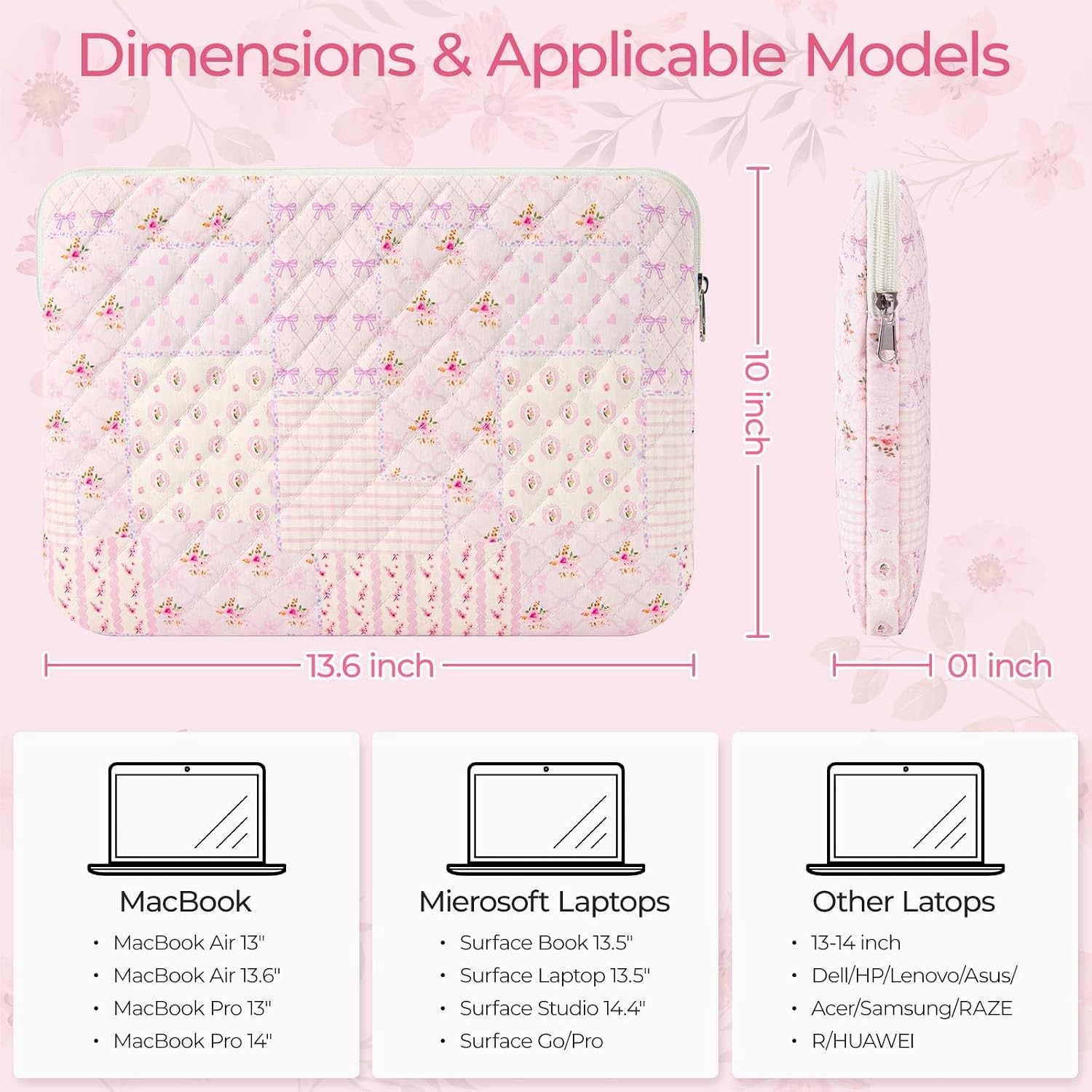 13-14 inch Cotton Quilted Laptop Sleeve for Women, Aesthetic Puffy Laptop Case