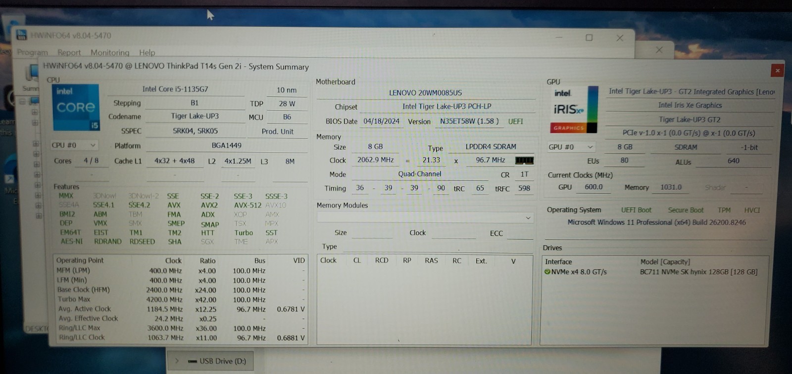 Lenovo ThinkPad T14s Gen 2i Laptop i5-11th Gen 2.4GHz 8GB RAM 128GB SSD Bad BAT