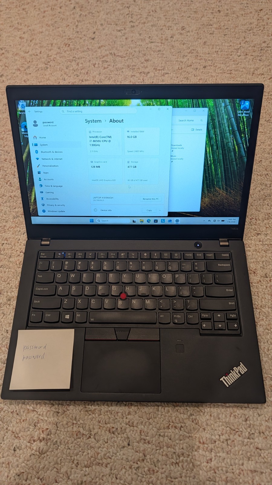 Lenovo ThinkPad T480s 14″ FHD Touch i7-8550U 16GB RAM 512gb NVME W11 pro laptop