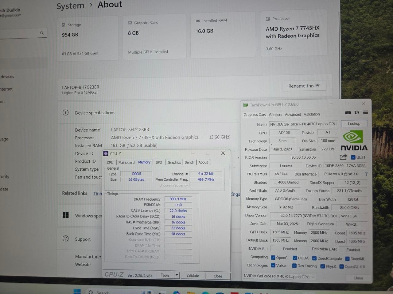 Laptop Lenovo Legion Pro 5 16ARX8 16” Ryzen 7 7745HX RTX 4070 1TB SSD 16GB RAM