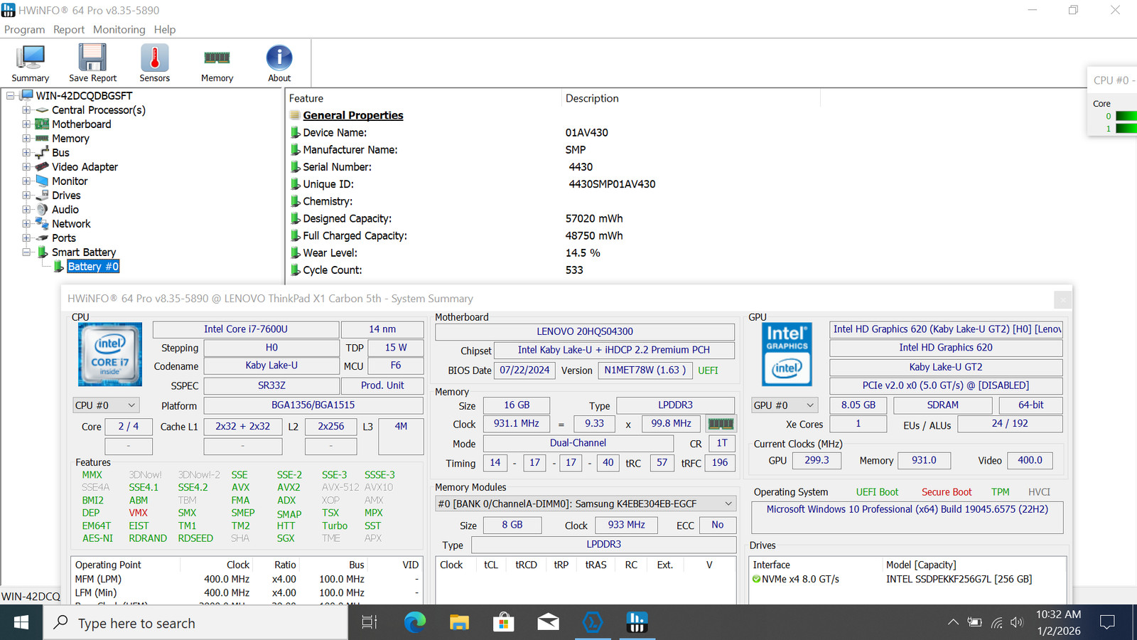 Lenovo ThinkPad X1 Carbon 5th Gen 14″ FHD I7-7600U 256GB SSD 16GB W10P *READ*
