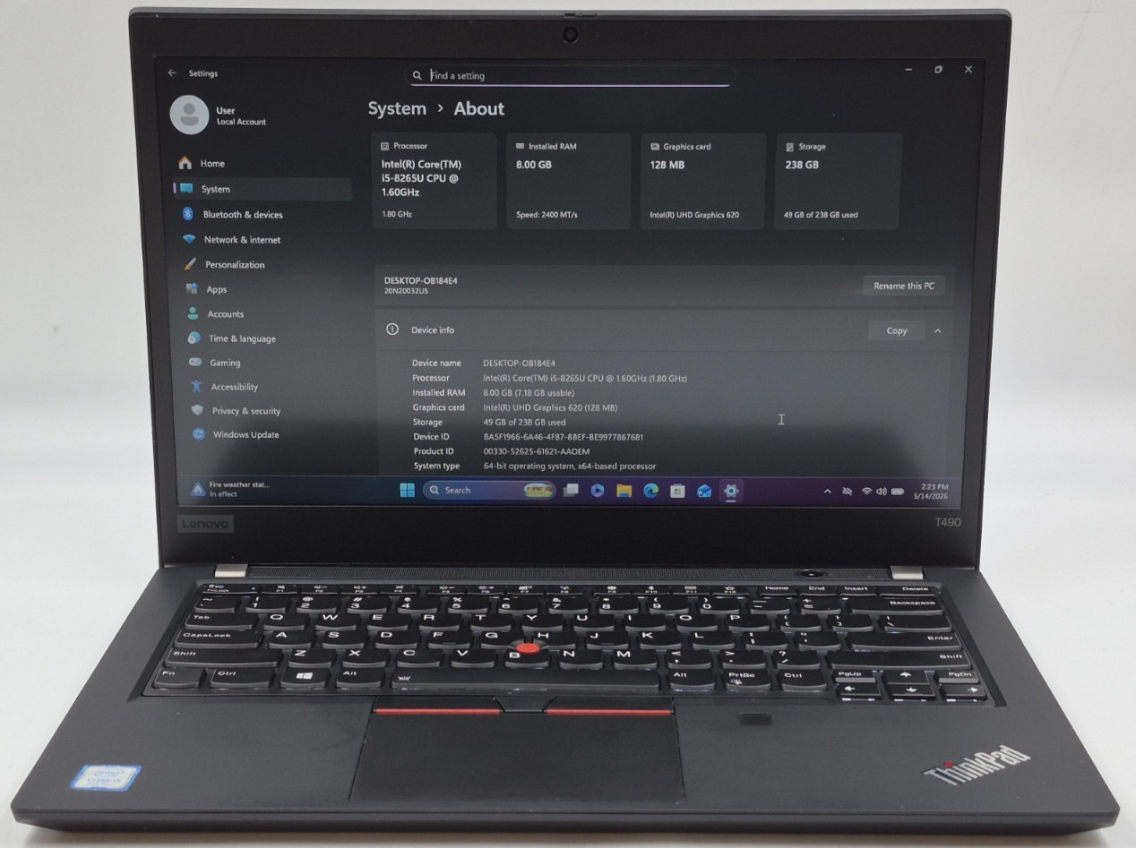 Lenovo ThinkPad T490 Laptop i5-8265U 1.60GHz 8GB RAM 256GB NVMe SSD Win 11 Pro