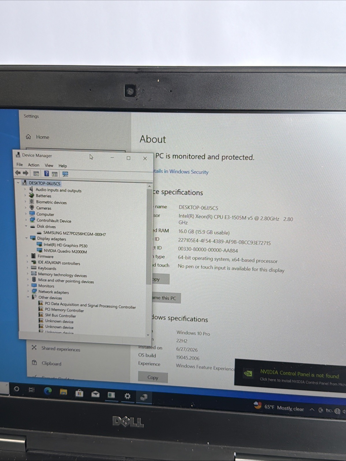 Dell Precision 7510 15” Intel Xeon E3-1505M 16gb Ddr4 Nvidia M2000M No Battery