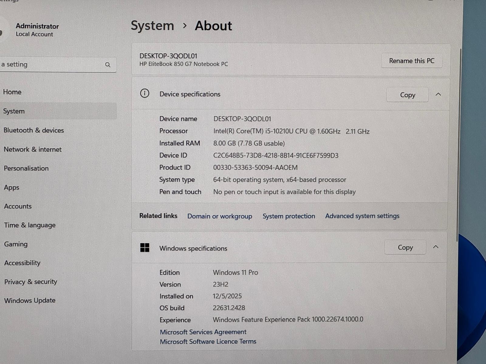 HP ELITEBOOK 850 G7 15.6″ I5-10210U @1.60GHz 8GB RAM 256GB Nvme
