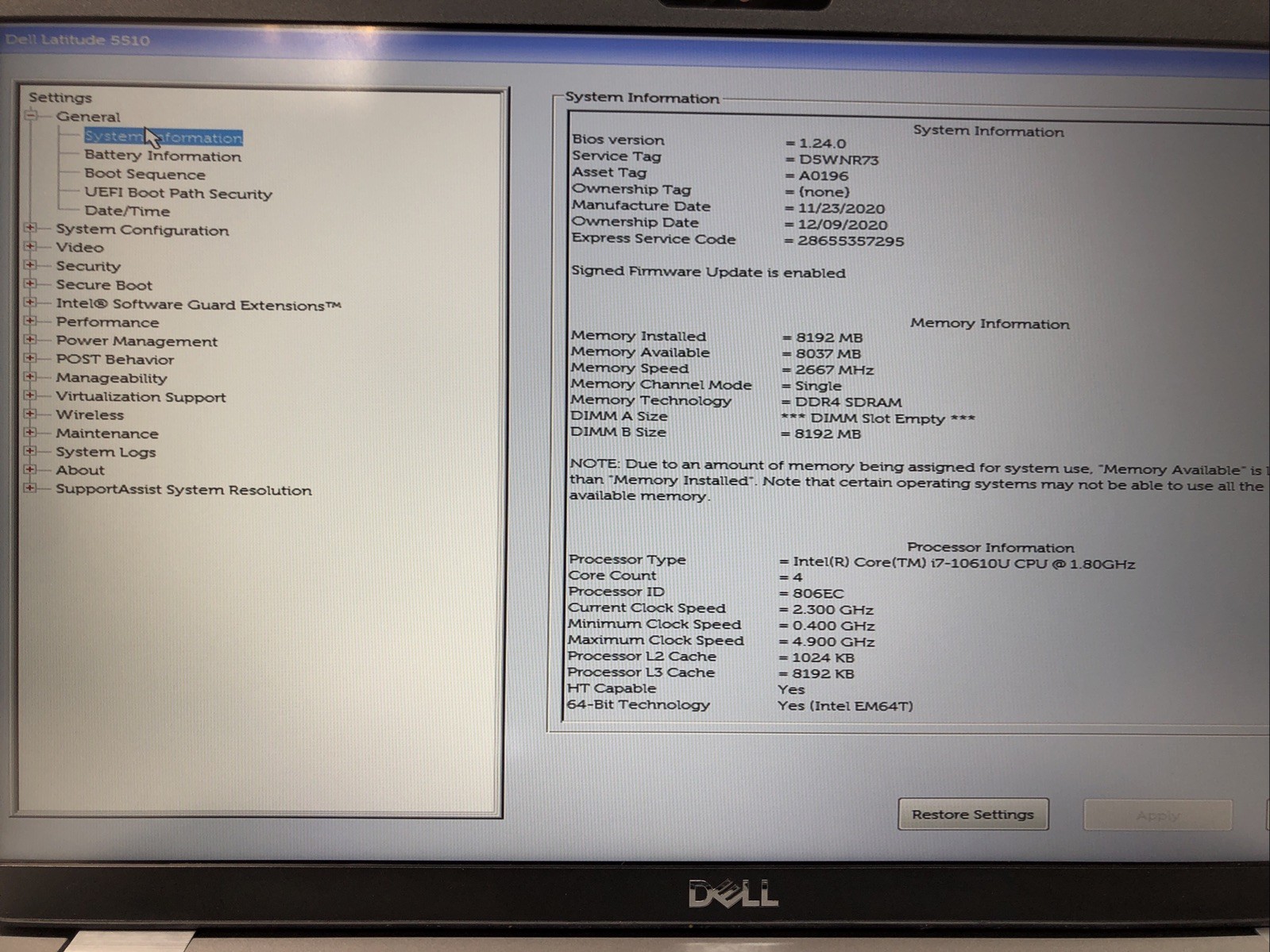 Dell Latitude 5510, Intel Core i7-10610U @1.80Ghz, 8GB RAM, NO SSD/OS, Tested!