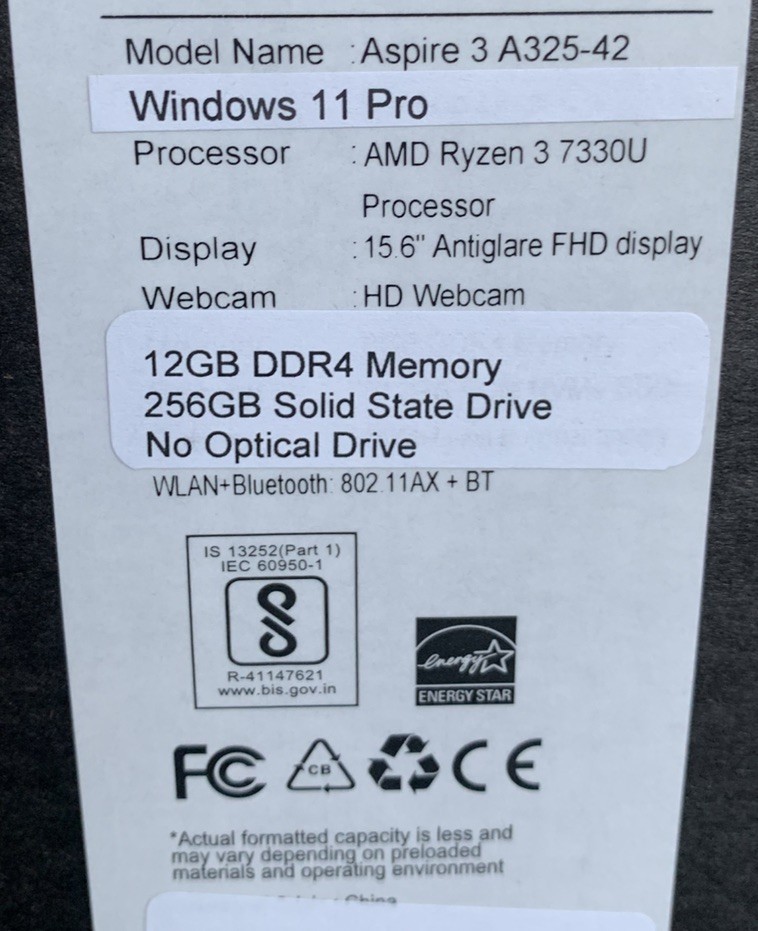 Acer Aspire 3 Laptop 15.6” Antiglare FHD Display 12GB RAM 256GB SSD Ryzen 3 New