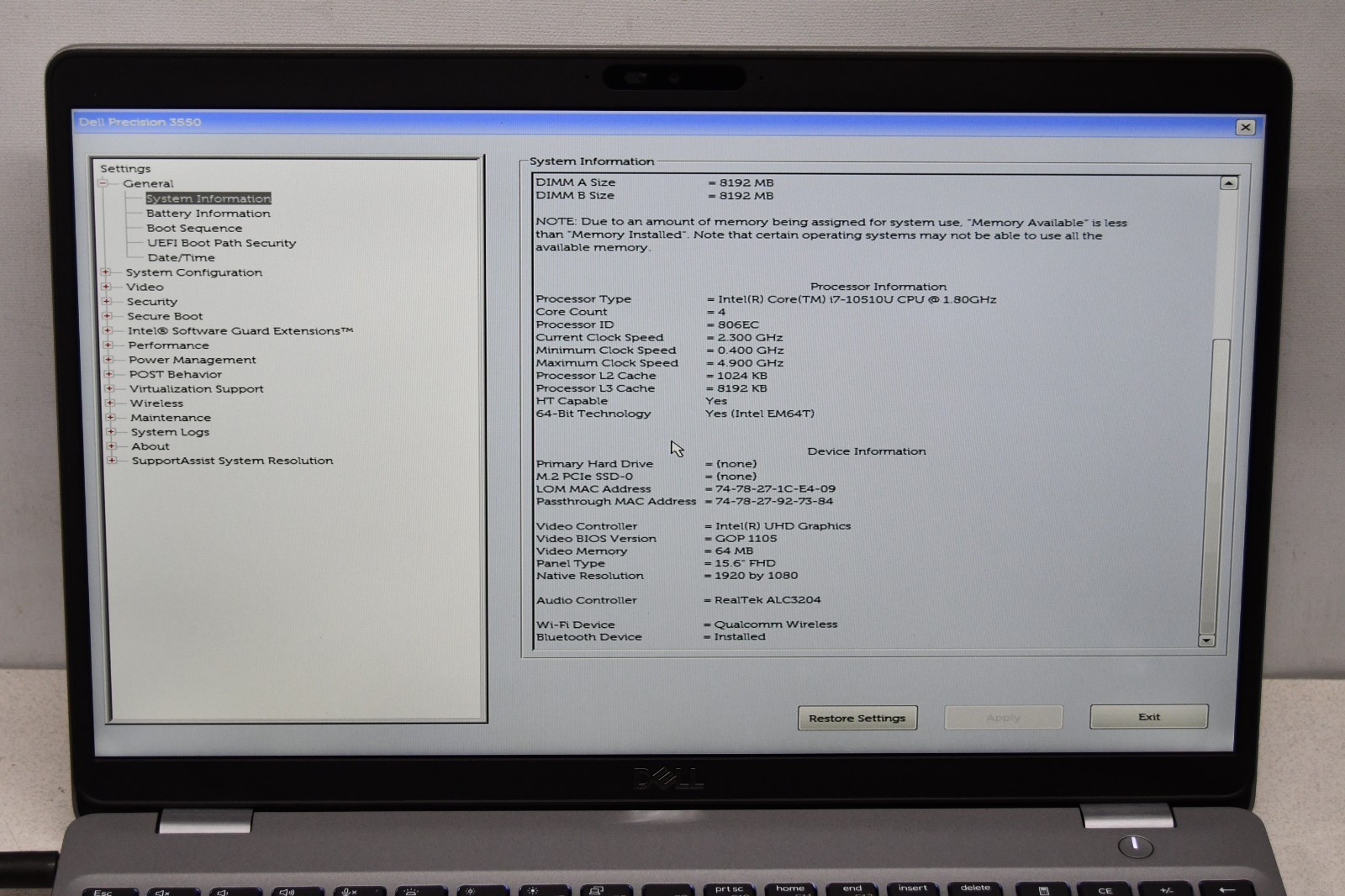 ^ Dell Precision 3550 15.6″ Intel i7-10510U @ 1.80GHz 16GB Ram No HD #X6993