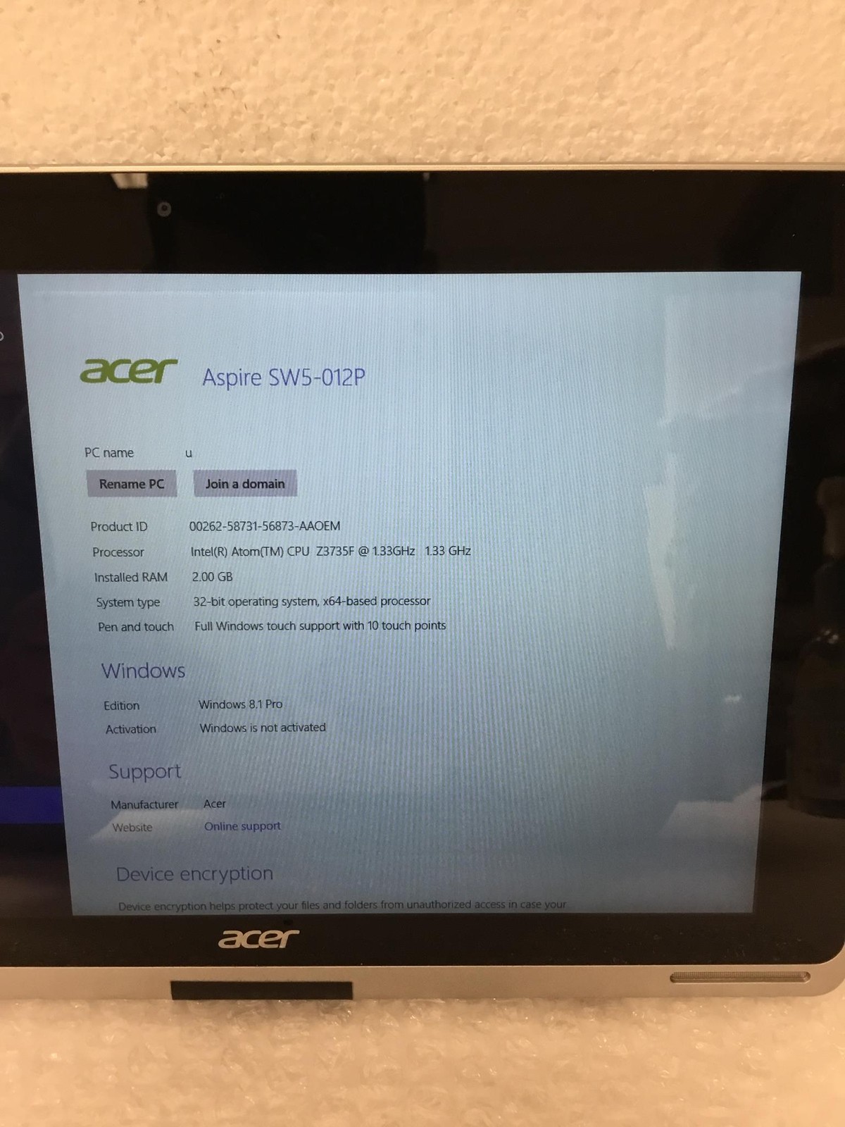 Acer SW5-012P 10.1″ Touch 64GB Intel Z3735F 2GB RAM No Power Adapter WORKING