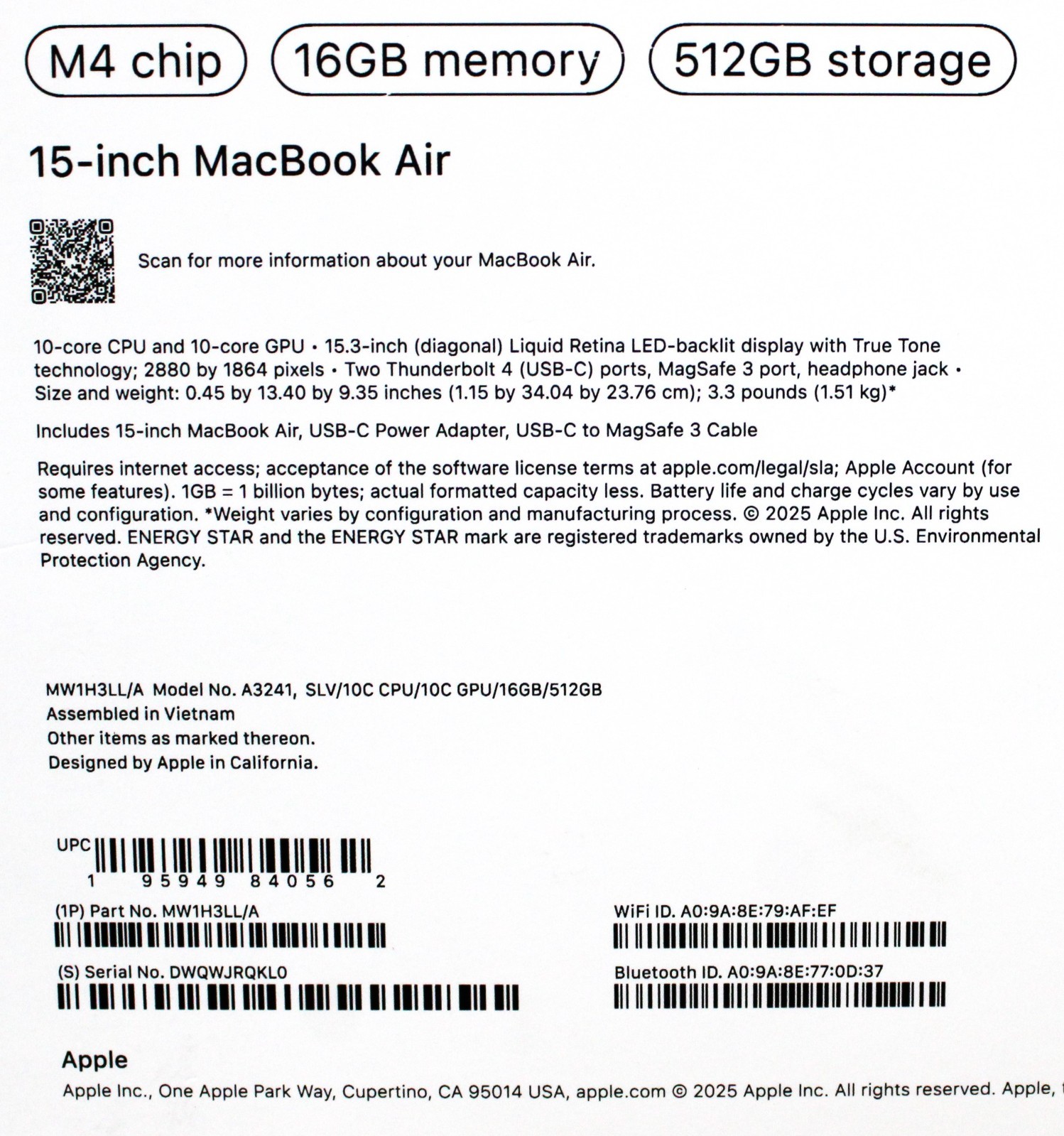 Apple | MW1H3LL/A | A3241 MacBook Air | 16Gb Memory | 512GB Storage – Open Box