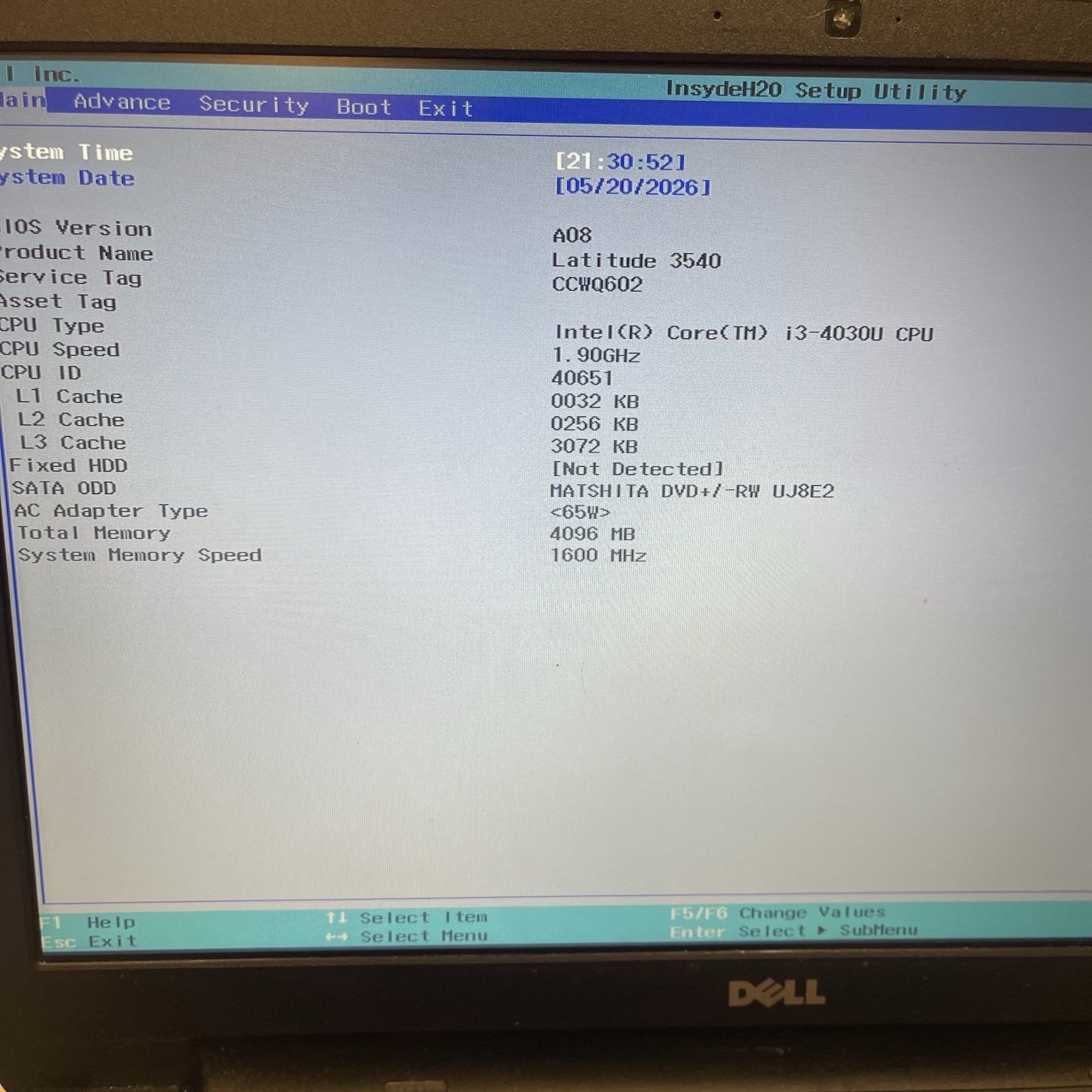 Dell Latitude 3540| Intel Core i3-4030U| No Ram No HDD Tested Boots Bios