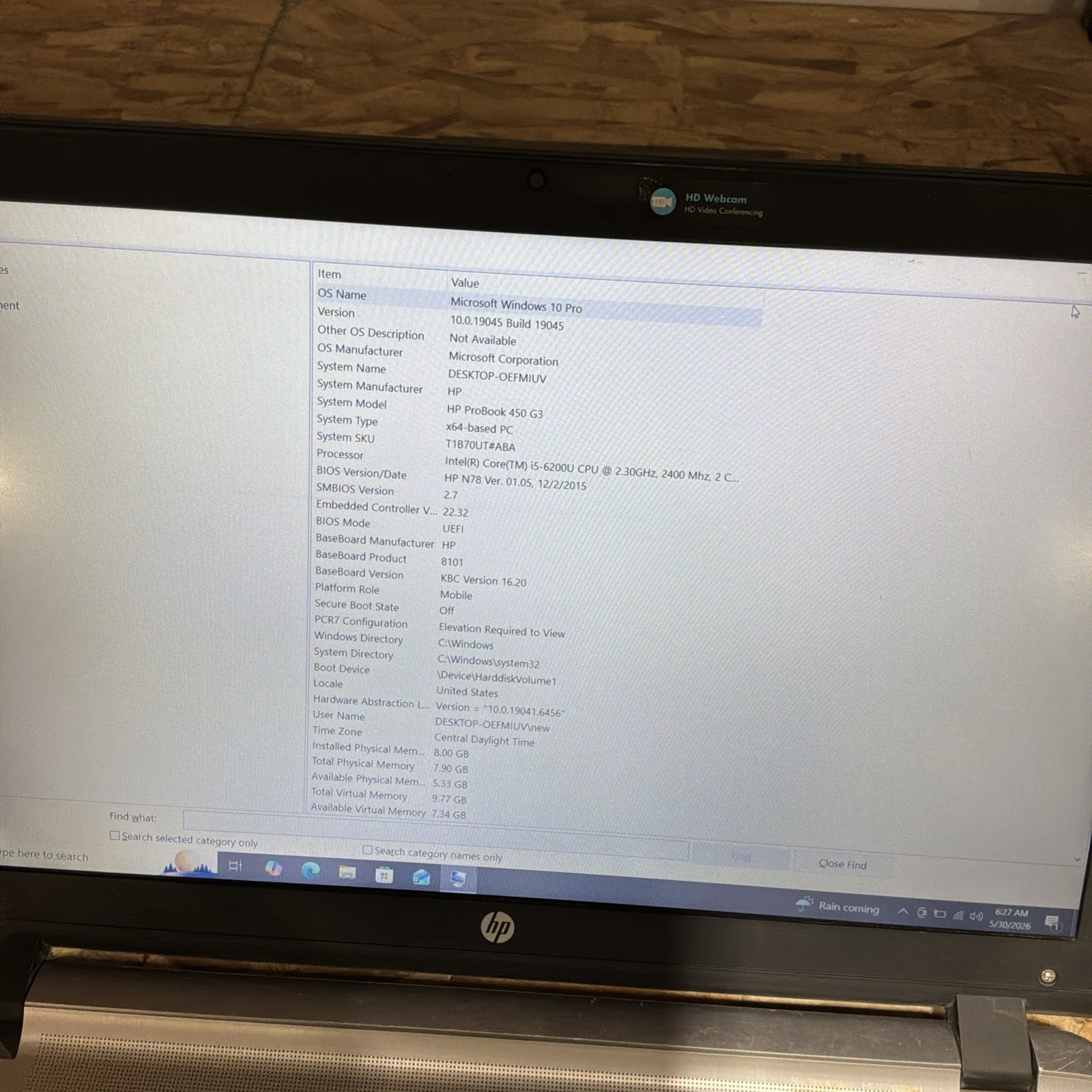 HP Probook 450 G3 i5-6200U 8GB RAM 500GB SSD Windows 10 15.6″ W10 C423
