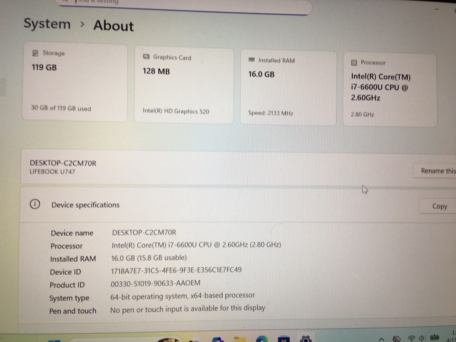 Fujitsu Lifebook U747 128gb Nvme Win 11 i7-6600u 2.60ghz 16gb Ram Hdmi