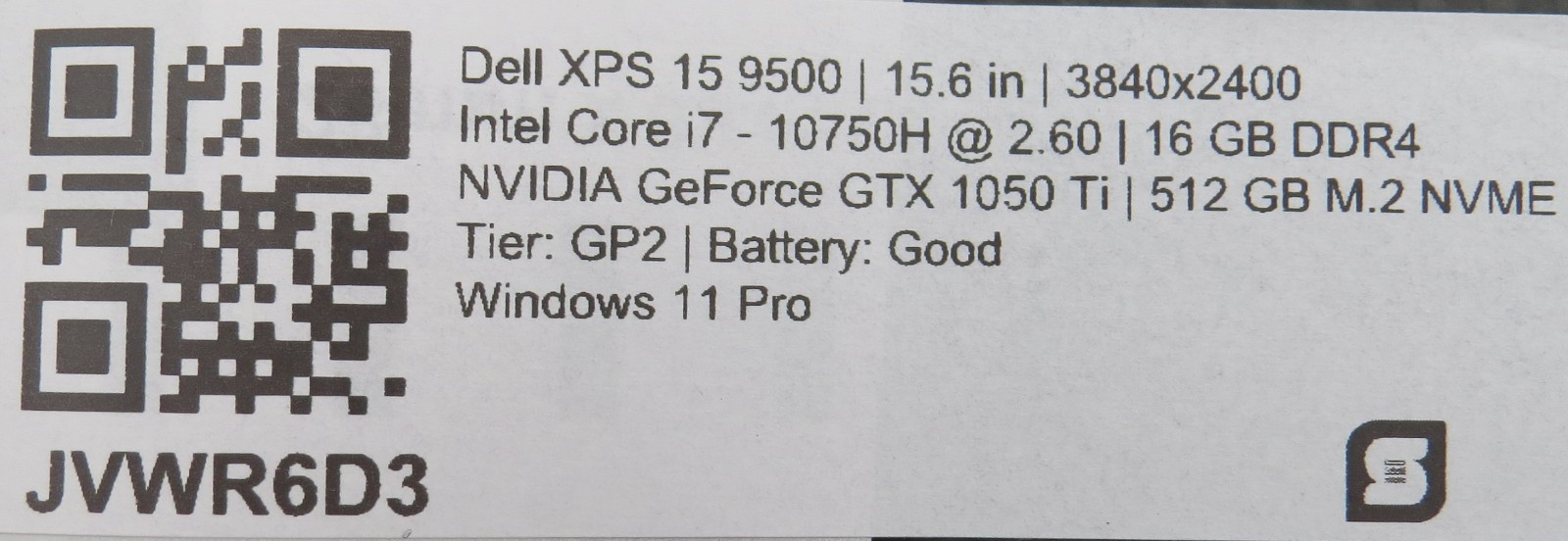 Dell XPS 15 9500 i7-10750H 16GB DDR4 512GB m2 GTX1050 ti 15.6″ 4K Touch Win11