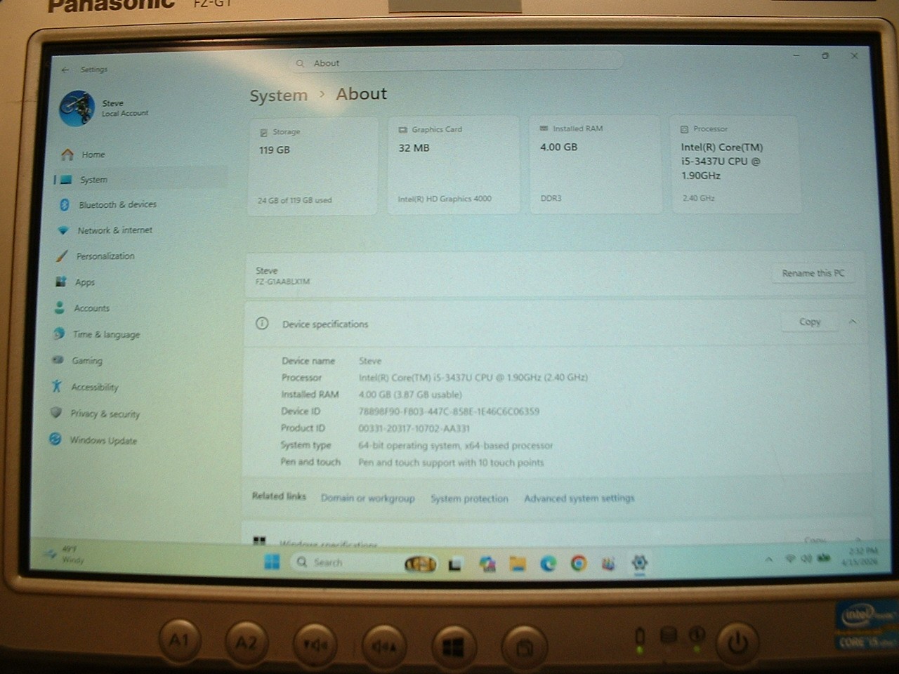 Panasonic FZ-G1 Toughpad, win 11 pro, good charger, stylus, operates well