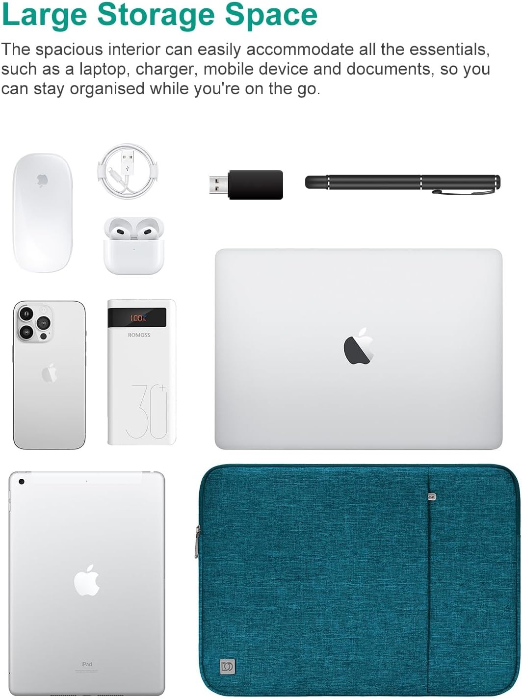 Sleeve for 15 inch MacBook Air M4/A3241, Dell XPS 15 Plus with Pocket, Teal