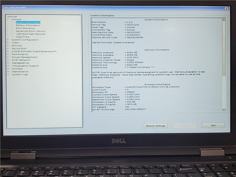 Dell Latitude 5580 Laptop i5-6300U 2.4GHz 8GB 500GB HDD Win10 COA Grade C