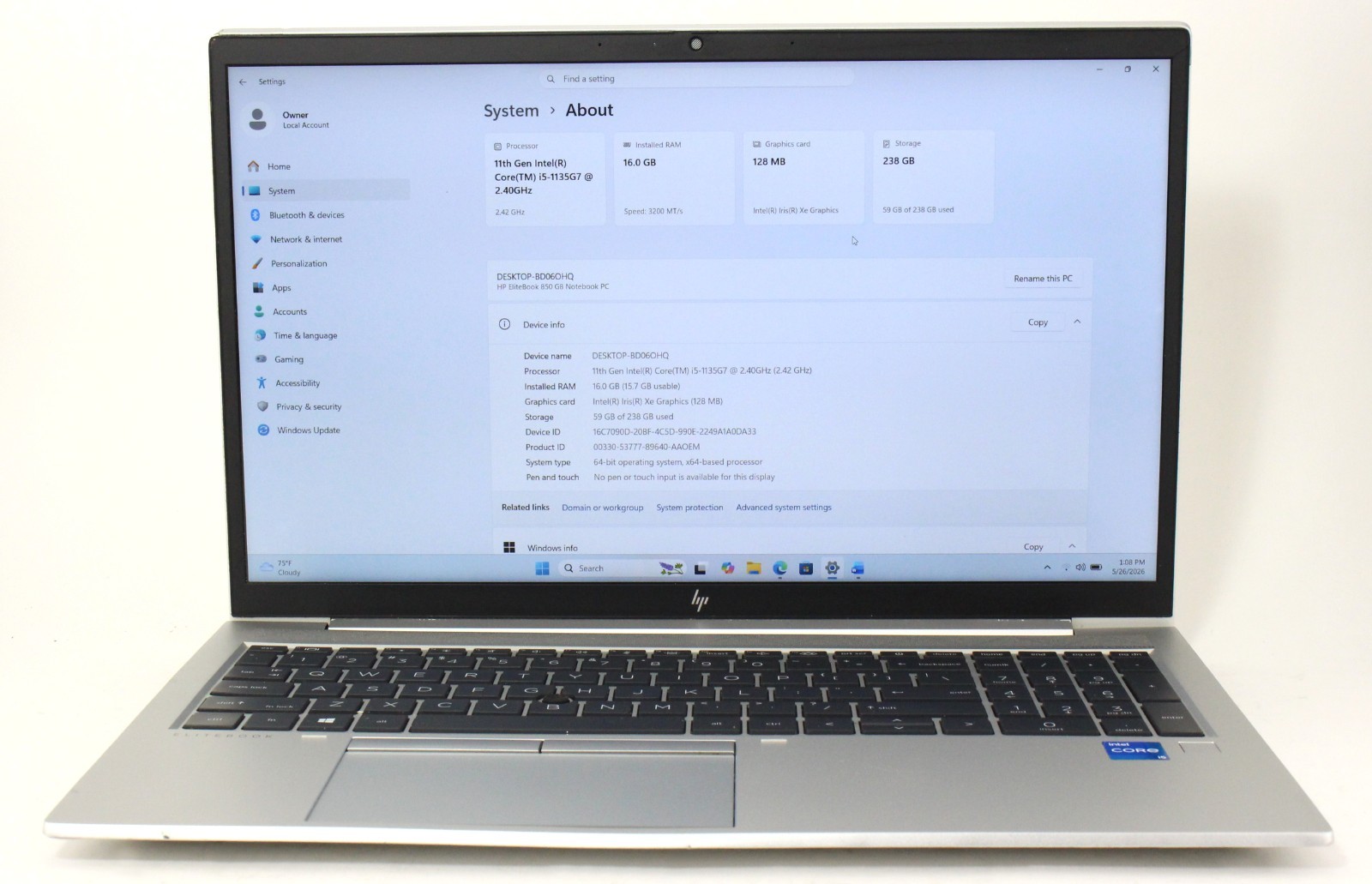 HP Elitebook 850 G8 15.6″ 2.4GHz i5-1135G7 256GB SSD 16GB RAM Win 11 ; 6181311