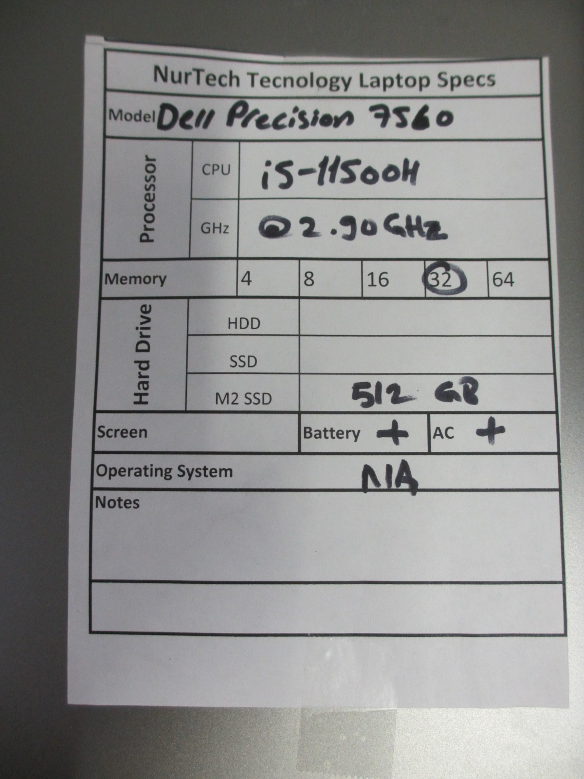 DELL PRECISION 7560 i5-11500H 2.9GHz 32GB/512GB M2 SSD Laptop + AC NO OS