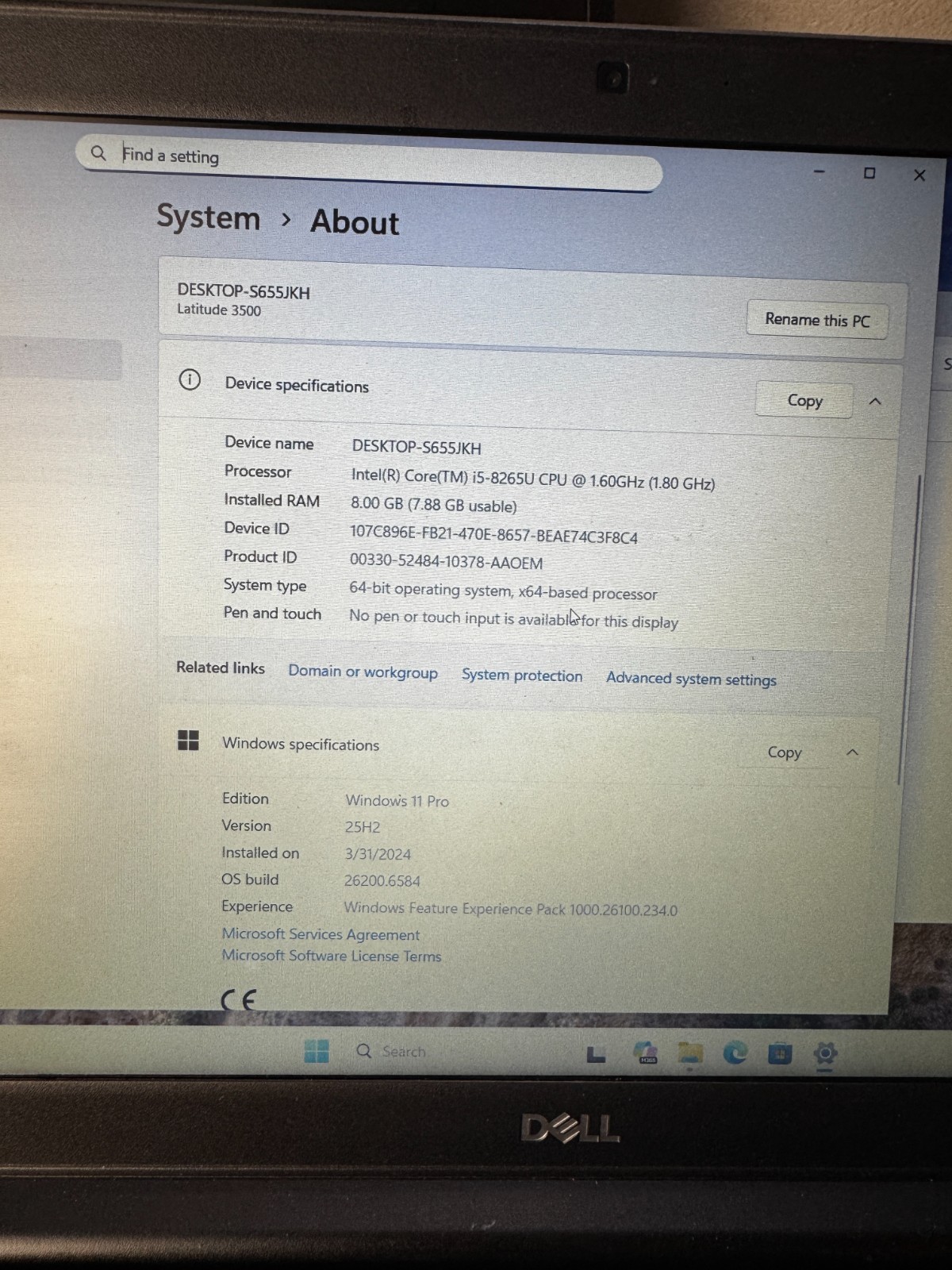 Dell Latitude 3500 15.6″ FHD i5-8265U 8gb Ram 256gb SSD W11 Pro *READ #6220