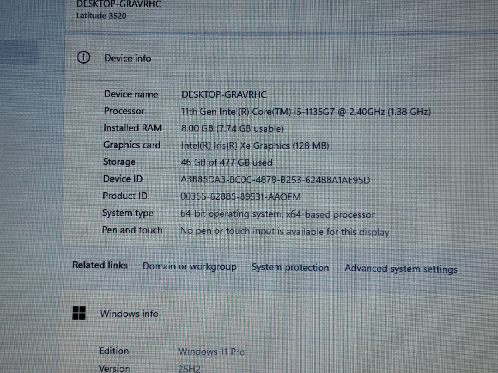 DELL LATITUDE 3520 i5-1135G7@2.40GHz 8GB RAM 512GB SSD NVMe W11P