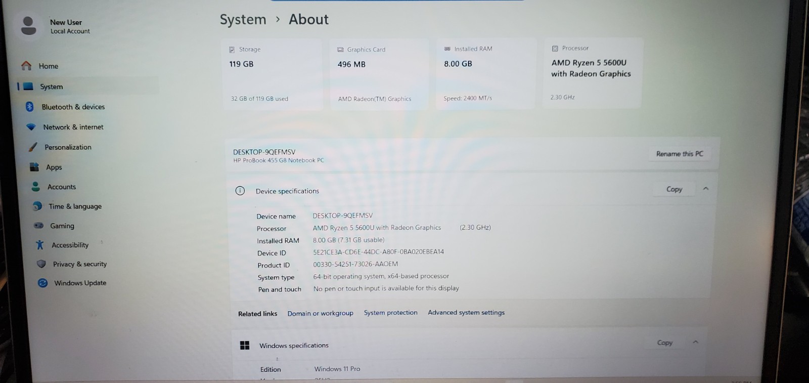 HP ProBook 455 G8 Laptop AMD Ryzen 5 5600U 2.3GHz 8GB RAM 128GB SSD W11P + AC