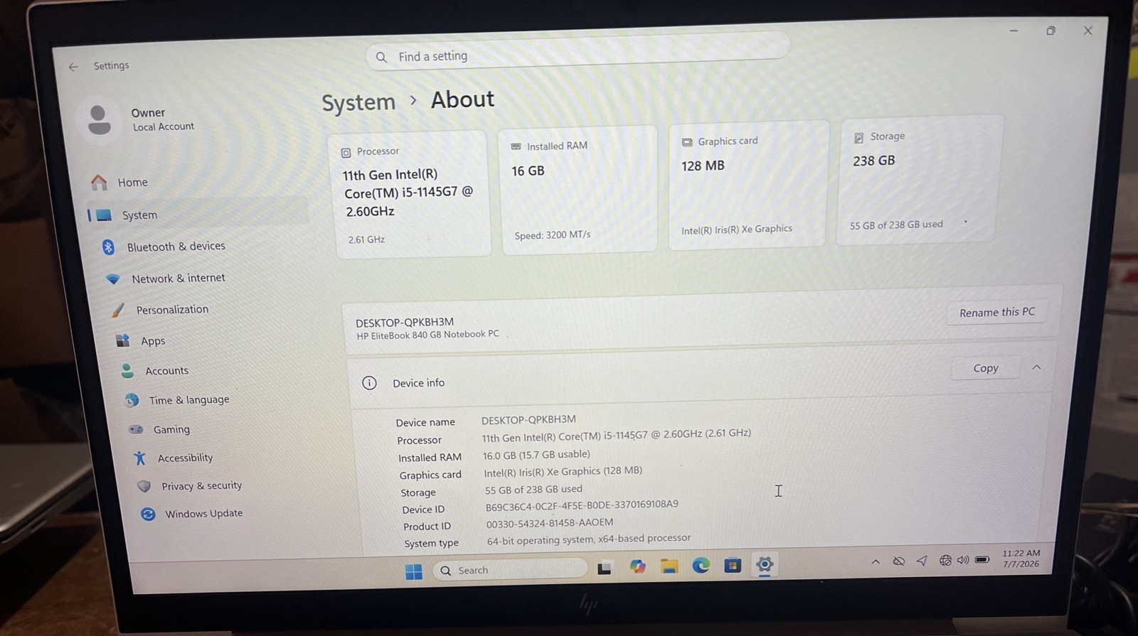 HP EliteBook 840 G8 14″ i5-1145G7@2.6GHz, 16GB RAM, 256GB M2, Win 11 Pro *READ*